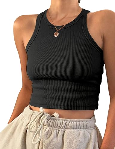 PLOKNRD Camiseta sin Mangas para Mujer Verano Camisetas Tirantes Cuello Redondo Elegante Punto Básica Chalecos Tops Casual Sólido Elástico Ajustado Tank Shirt Noir L