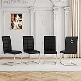 AMHDDT Modern Dining Chairs Set of 4, Black PU Leather Chairs with Pull Ring Backrest and Silver Stainless Steel Legs, Easy-to-Assemble Kitchen Chairs for Dining Room, Living Room, or Bedroom