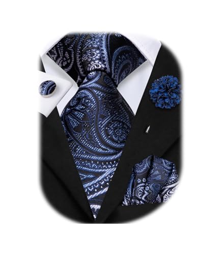 Image of Hi-Tie Men Silk Ties Set with Flower Lapel Pin Necktie Pocket Square Cufflinks for Tuxedo Wedding Business