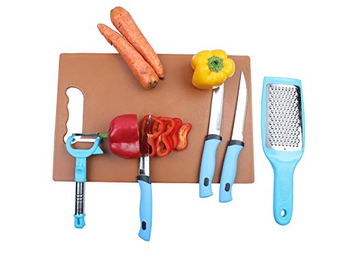Plus Zone Stainless Steel Kitchen Blue 3-Pieces Knife Set 1 Peeler and 1 Greater with Chopping Board-6 Piece.
