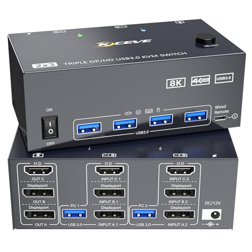 Image of 8K KVM Switch 3 Monitors 2 Computers 8K@60Hz 4K@144Hz,3 Monitors KVM Switch for 2 Computers Sharing Triple Monitors,Keyboard,Mouse,Printer with 2*USB3.0 Cables,Power Adapter and Controller