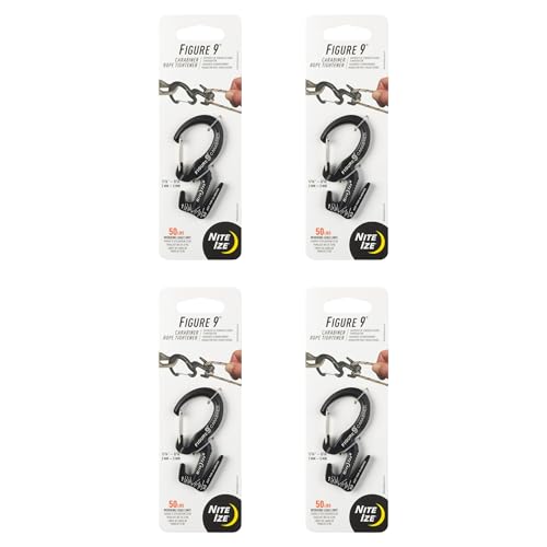 Nite Ize Figure 9 Carabiner Rope Tightener - Heavy-Duty Carabiner Clip - Cord & Rope Tightener with Wire Gate - Carabiner Camping Accessories & Tent Essentials - Small, Black (4 Pack)