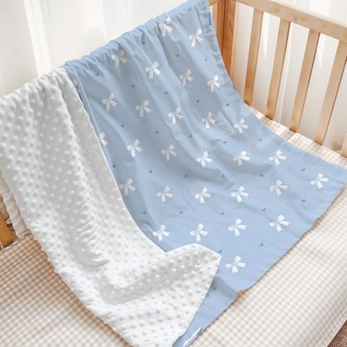 Image of SANDJEST Blue Bow Minky Blanket 30 x 40 Inches, Gift for Christmas Birthday