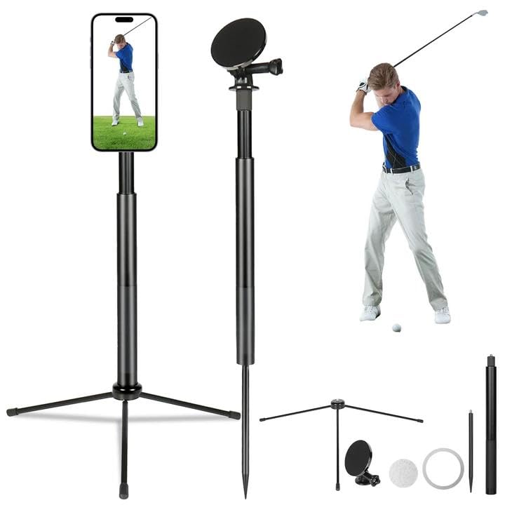 Golf Tripod & Monopod Golf Swing Phone Holder 47.6 Magnetic Adjustable Aluminum Alloy Selfie Stick Record Golf Swing and Training Aid w/Spike Stake Mount Compatible with All Phone Camera GoPro