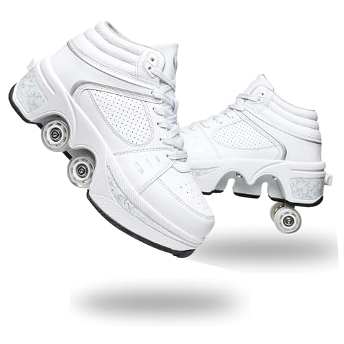 2-in-1 Roller Skate Shoes for Women Men, Double-Row Deform Retractable Removable Roller Skates, Shoes with Wheels for Girls/Boys, Sneakers with Wheels for Outdoor (White High Top, Women 8.5/Men 8)