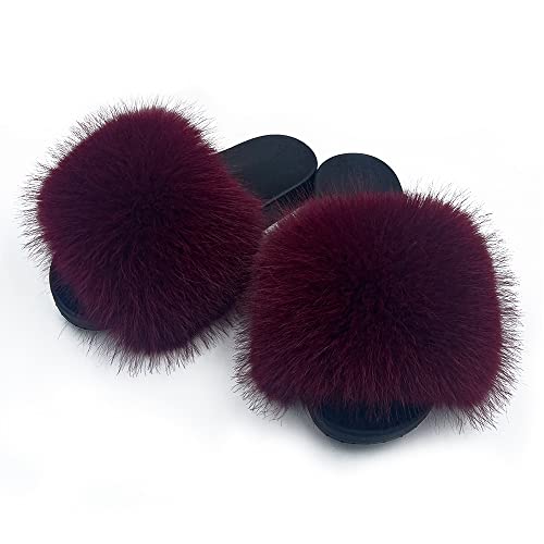 Image of Women's Faux Fur Slides Slippers Fluffy Fuzzy Sandals Open Toe Furry Slide Flip Flop Indoor Outdoor