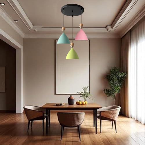 Image of 3 Light Cluster Hanging Bell Shade Light (Pink, Aqua Blue, Moss Green) Aluminium Hanging Pendant Light Drop, Antique Modern Ceiling Lamp (Bulb is not Included) 3 Light Cluster Set