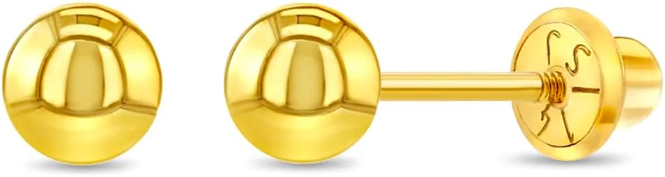 14k Yellow Gold Classic 3,4,5,6mm Ball Screw Back Earrings for Babies, Toddlers & Young Girls - Cute Small Ball Earrings For Little Girls With Safety Screw Backs