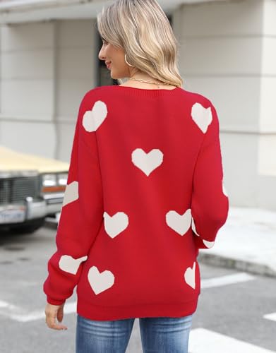 Image of Womens Cute Heart Sweater Crew Neck Long Sleeve Pullover Valentines Sweater