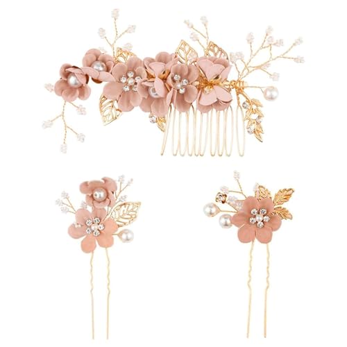 Renjzle 髪飾り ヘアアクセサリー ヘッドドレス ヘアピン コーム U ピン かんざし パール 花フラワー 3点セット 和装用パール髪飾り 花嫁ウェディングヘアアクセサリー 和装撮影用ヘッドドレス 成人式卒業式ヘアピン 結婚式披露宴 入学式 七五三 ブライダル向け 和装専用小物 (ピンク)
