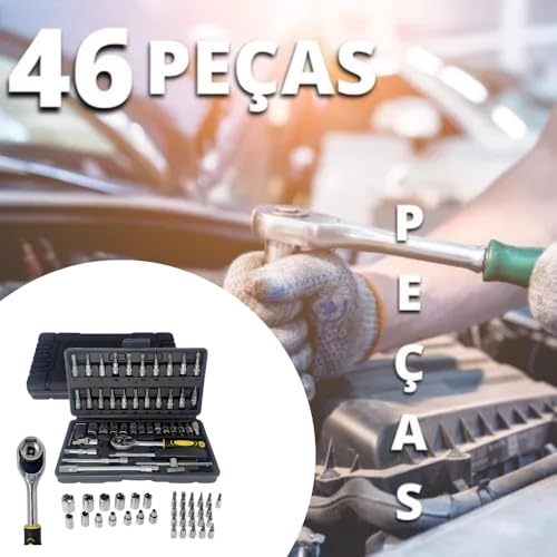 Jogo de Chave Catraca Kit Ferramenta Profissional Canhão Reversível 46 Peças Maleta KIT