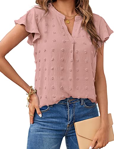 Merokeety Women V Neck Flowy Short Sleeve Swiss Dot Blouse Business Casual Loose Shirt Top Pink Medium #TOP13