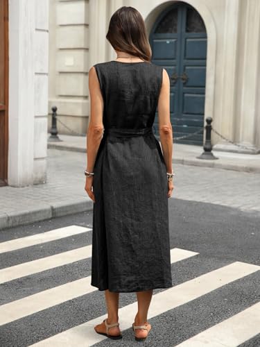 Image of Women's 100% Linen Midi Dress V Neck Sleeveless Tie Waist Side Slit Dresses 2026 Summer Dress with Pocket