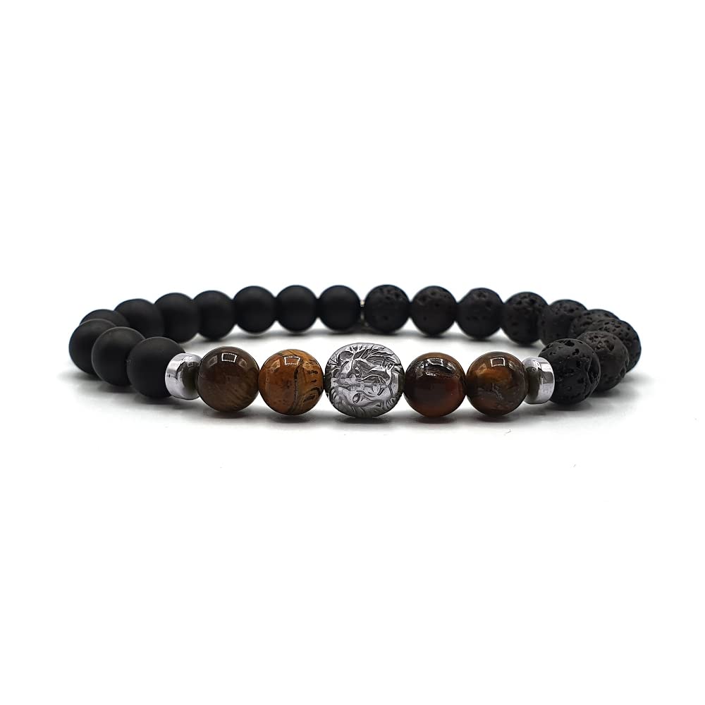 KARDINAL WEIST Löwe Silber Tigerauge - Onyx - Lava Armband, Edelstein Perlen, King - Lion - Schmuck für Herren, Kraftier - Schutz - Mut - Sicherheit (XL+)
