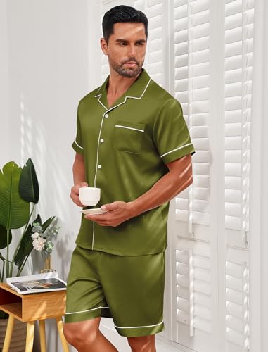 Vssjavun Mens Satin Silk Pajamas Sets Short Sleeve Button-Down Sleepwear Two Piece Loungewear with Pockets
