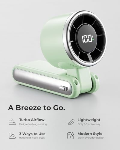 Image of Portable Handheld Turbo Fan - 5 Gear High Speed 4000mAh Rechargeable Mini Personal Hand Fan Blow Cold Air, Battery Operated Travel Essentials, Beach Vacation, Gifts for Women, Men (Green)