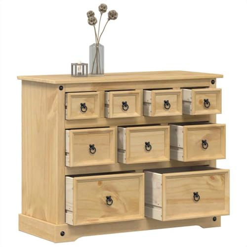 Sinkzol Cómoda Corona de madera maciza de pino 101 x 45 x 82 cm con 9 cajones, acabado en cera de miel, tiradores de metal, espacio de almacenamiento para salón, dormitorio y pasillo