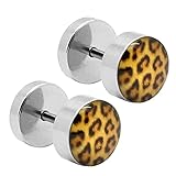 Diámetro: 8mm tumundo 2 Piezas 8mm Fakeplugs Túnel Falso Plug Leopardo Leo Marróne Amarillo Pendientes Acero Oreja Animalprint Tunnel