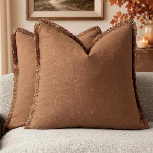 Image of Foindtower Decorative Linen Fringe Throw Pillow Covers 22x22 Orange Brown