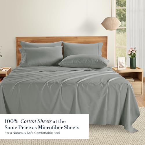 Casa Platino Bed Sheets Queen – 100% Cotton Queen Size Bed Sheet Set with 4 Pillowcases, Cool and Soft Percale Fabric, Ideal for All-Season Comfort, Ultra Soft With 15" Deep Pocket Fitted Sheet – Grey - Thumbnail 3