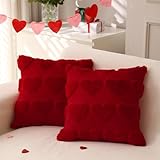 LOMCHEN Valentines Day Throw Pillow Covers 18x18 inch Set of 2 for Valentines Day Decorations Red Soft Plush Faux Fur Wool Love Heart Pillow Covers for Sofa Living Room Couch Bed