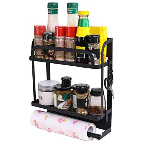 PENGKE Magnetic Spice Rack Organizer 2 Tier Refrigerator Storage Shelf with Paper Towel Holder and Removable Hooks,Strong Rustproof Magnetic Shelf,Black Cover