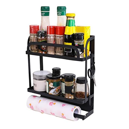 PENGKE Spice Rack Organizer 2 Tier Refrigerator Storage Shelf with Paper Towel Holder and Removable Hooks,Strong Rustproof,Black