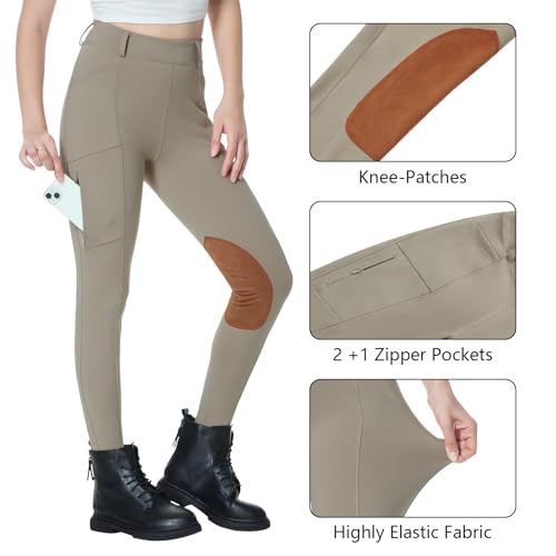 Beroy Women Fleece Lined Horse Equestrian Riding Pants Breeches Winter Ladies Knee Patch Riding Horseback Pant With Pockets Khaki M thumb #4