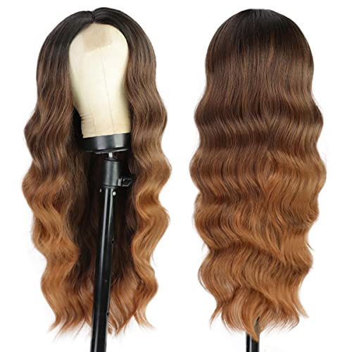 Entranced Styles Long Wavy Wigs For Women Ombre Wig Dark Roots Brown To Honey Blonde Wig Long Middle Part Natural Hair Wig Synthetic Balayage Wig Daily Party Use #TOP1
