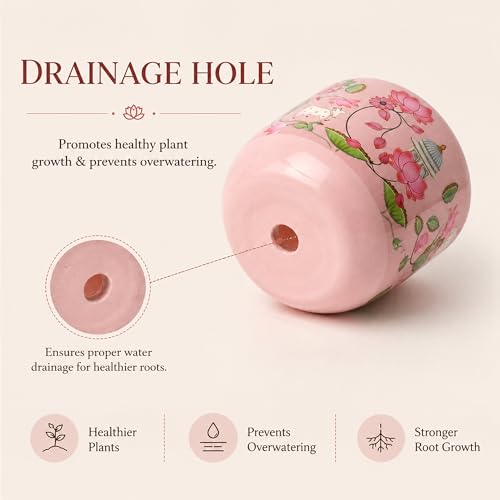 Image of Habere India-All the Cultures Fabricating India Pichwai Art Hand Painted Terracotta Planter | Pink Lotus Floral Indoor Plant Pot | Breathable Clay Pot with Drainage Hole (Pink: L12 x W12 x H10 cm)