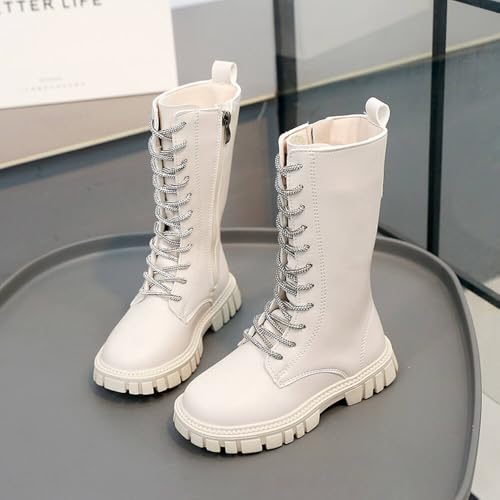 Girls Leather Lace Up Knee High Boots with Side Zipper Fashion Round Toe Low Heel Mid Calf Combat Riding Boots Winter Tall Boots Dress Princess Shoes3