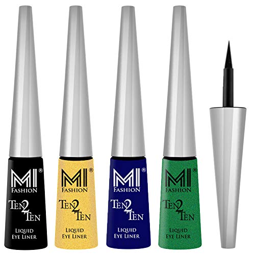 MI Fashion Colored Liquid Eyeliners Combo of 4 Pcs Water Resistant Cruelty Free High Shine Long Stay - Black, Shimmer Golden, Navy Blue, Shimmer Green
