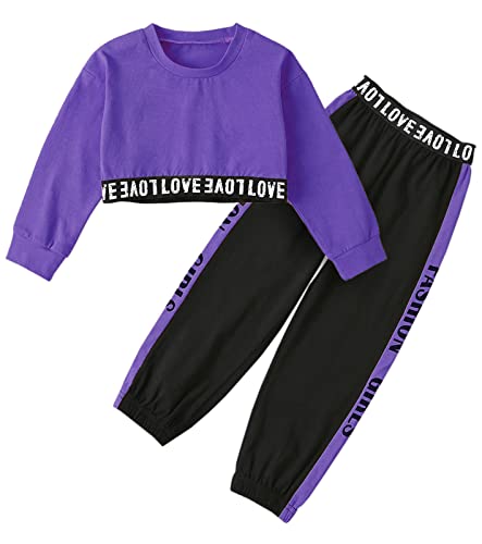 Image of Betusline Little Girls Cute Outfits, 2 Pieces Pullover Crop Tops + Black Pants Cropped Playwear Clothing Sets, Purple Black, 6-7 Years