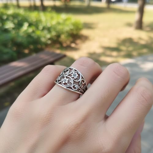HAIXIAN S925 Sterling Silver Ring for Women, Vintage Antique Finish Filigree Floral Vine Statement Band, Retro Boho Engraved Flower Jewelry Gift (Floral_A, 9) by HAIXIAN - Used condition - Image 4
