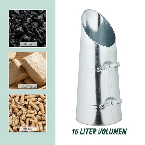 Relaxdays Kohlenschütte, 16 Liter, Eisen, Kohleeimer mit 2 Griffen, Pelletschütte zum Nachfüllen, Kamin & Grill, silber