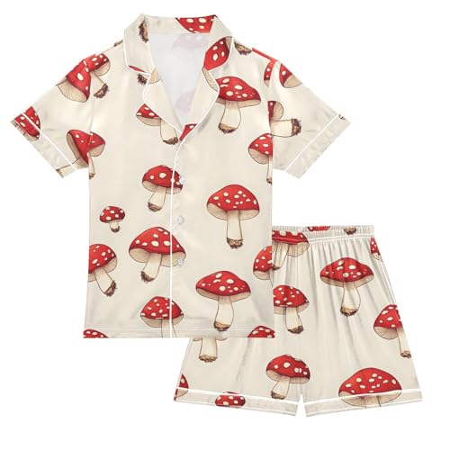 ALAZA Mushroom Red Cartoon Stylish Satin Pajamas Set Short Sleeve Button Down Sleepwear Summer Pjs 2 Piece