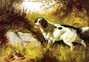 Peinture à l'huile Dog and Quail 1878 par Arthur F Tait, l'élégance de l'art canin nostalgique