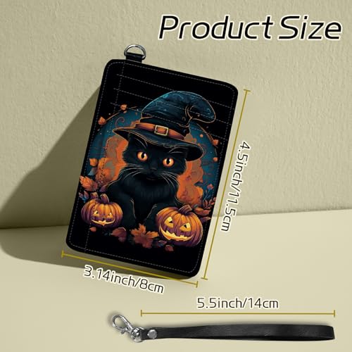 Image of Small Travel Wallets, Black Cat Halloween Slim Minimalist Front Pocket Wallet with Wristlet, RFID Blocking PU Leather Credit Card Holder with ID Window Change Purse for Men Women