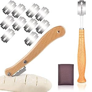 2 stuks broodbakkersmes voor broodbakkersmessen, brood, lam, scoring gereedschapsset, roestvrij staal, houten handvat, deegmes, baguettemessen met 10 scheermesjes voor doe-het-zelf brooddeegpatroon