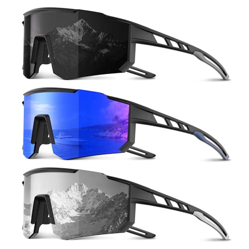 3 Pack Polarized Sports Sunglasses Men Women, Running Mens Sunglasses UV Protection for Baseball Cycling Fishing C02-grey/Dark Blue/White