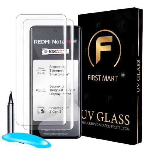 Image of FIRST MART Military Grade UV Tempered Glass For Redmi Note 15 (6.77 Inch) With Edge To Edge Screen Coverage and Easy UV Installation Kit | Clear, Pack of 2
