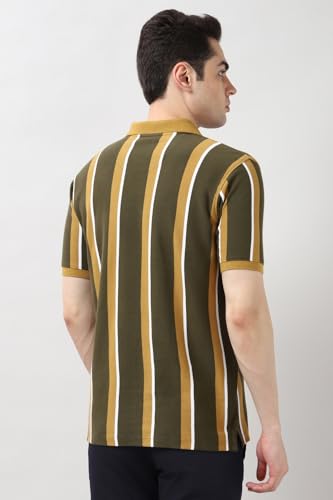 Image of Peter England Men's 100% Cotton Vertical Striped Polo T-Shirt - Casual Wear | Sleek & Comfortable