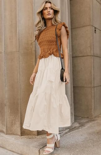 Women’s 2025 Summer Causal Ruffle Sleeve Crochet Knit Tops Long Dress for Ladies Fall Trendy Tiered Dress3