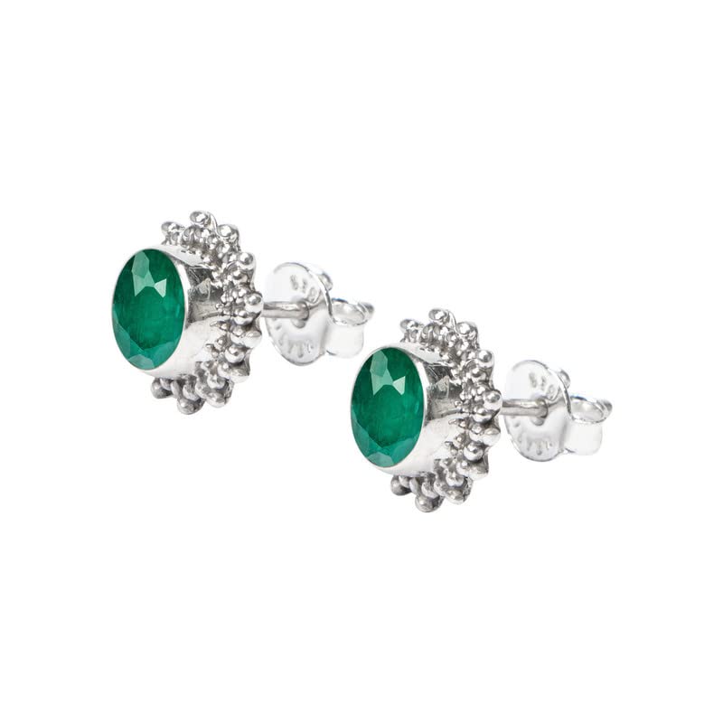 Emerald Stone Stud Earring, Handmade 925 Sterling Silver Stud Earrings for Women and Girls, Solitaire Stud Earring, Round Stone Stud Earrings, Gift