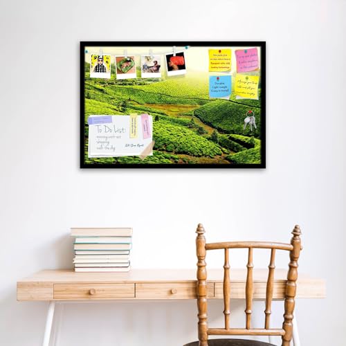 Image of ArtzFolio Tea Plantations, Munnar, Kerala | Bulletin Board Notice Pin Board | Vision Soft Board Combo with Thumb Push Pins & Sticky Notes | Black Frame | 36 x 24 inch (91 x 61 cms)