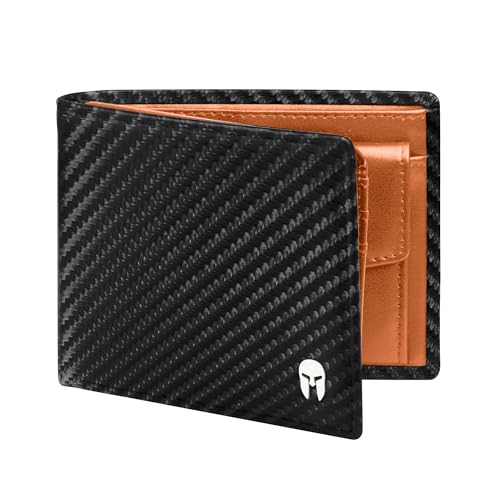 SPARTANO Carteras para Hombre con protección RFID, 11 Ranuras para Tarjetas de crédito, 1 Bolsillo para Monedas, 2 Compartimentos para Billetes, 3 Bolsillos internos - Zeus (Carbón/Naranja)