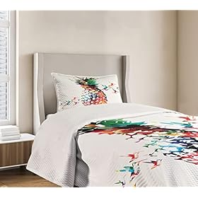 Ambesonne Pineapple Bedspread, Geometric Pineapple Bursting into Scattering Birds Flight Modern Abstract Print, Decorative Quilted 2 Piece Coverlet Set with Pillow Sham, Twin Size, Green Red 41c6a7LnBWL. SS280