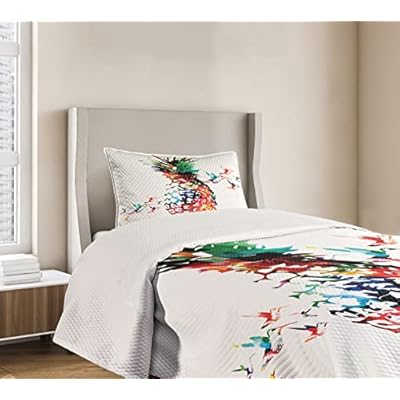 Ambesonne Pineapple Bedspread, Geometric Pineapple Bursting into Scattering Birds Flight Modern Abstract Print, Decorative Quilted 2 Piece Coverlet Set with Pillow Sham, Twin Size, Green Red 41c6a7LnBWL. SS400