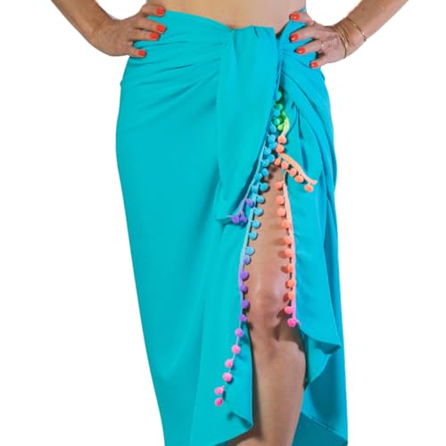 Marujá Beach Saída de Praia Azul Turquesa em Viscolinho com Pompom Colorido Pareô Canga de Praia Vis