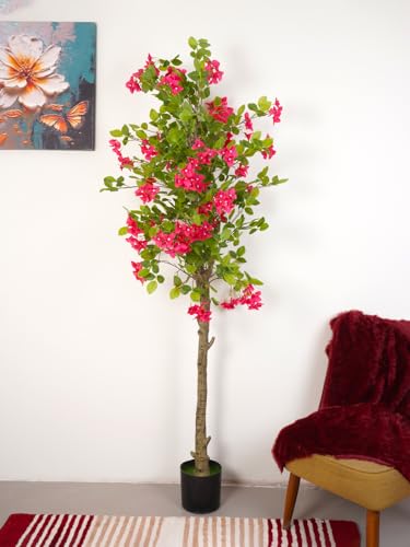 Image of Artificial Bougainvillea Flower Tree with Pot, 200 cm (78 Inches) Tall, Realistic Faux Indoor Plant for Home, Office, Living Room, Hotel & Commercial Decor, Pink